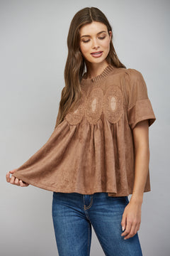 Lace Applique W/ Mesh Faux Suede Top