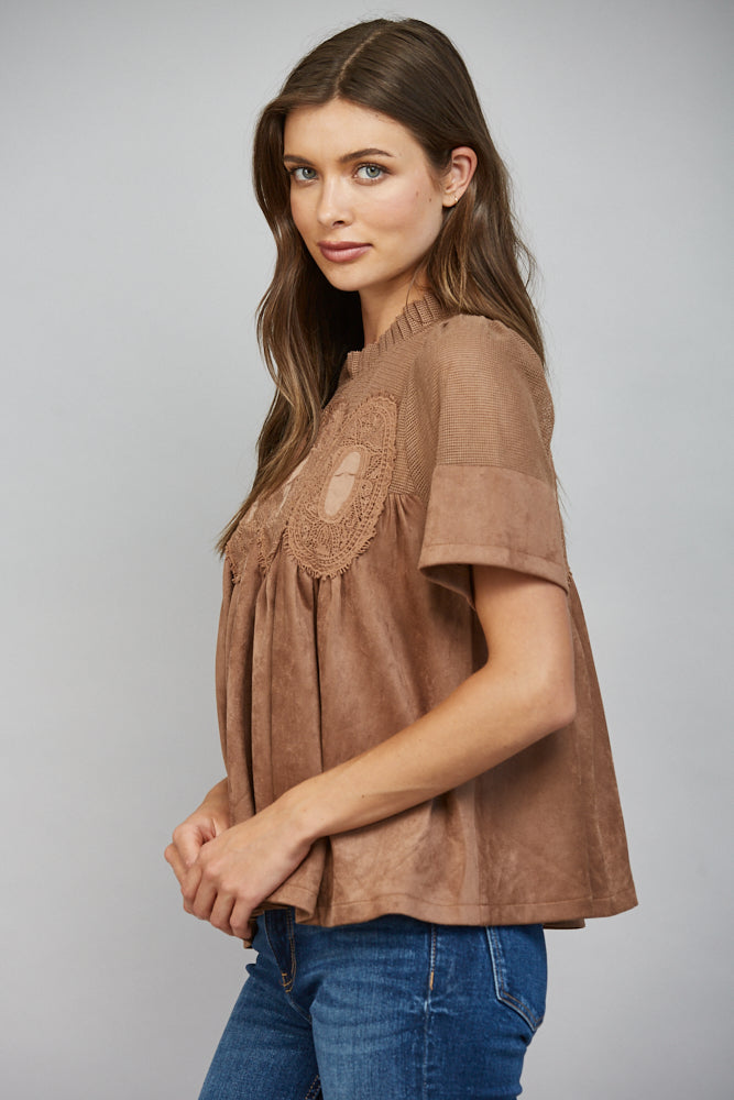 Lace Applique W/ Mesh Faux Suede Top