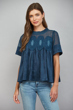 Lace Applique W/ Mesh Faux Suede Top