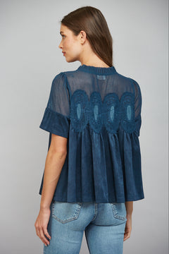 Lace Applique W/ Mesh Faux Suede Top