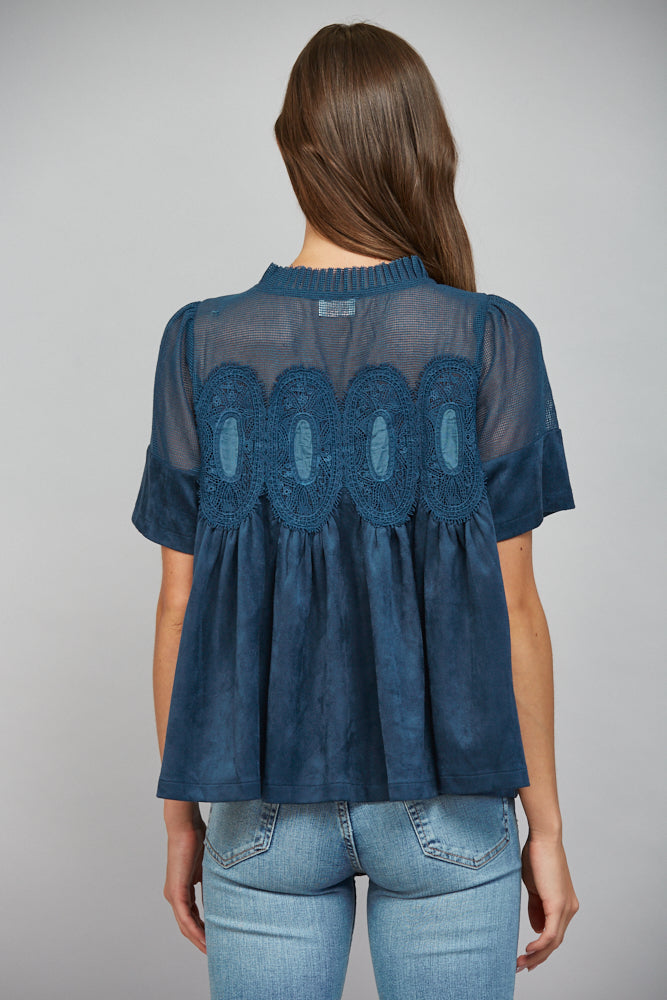 Lace Applique W/ Mesh Faux Suede Top