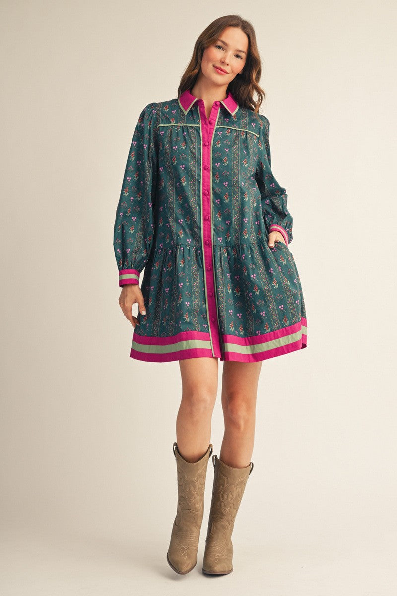 Contrast Trim Floral Mini Dress