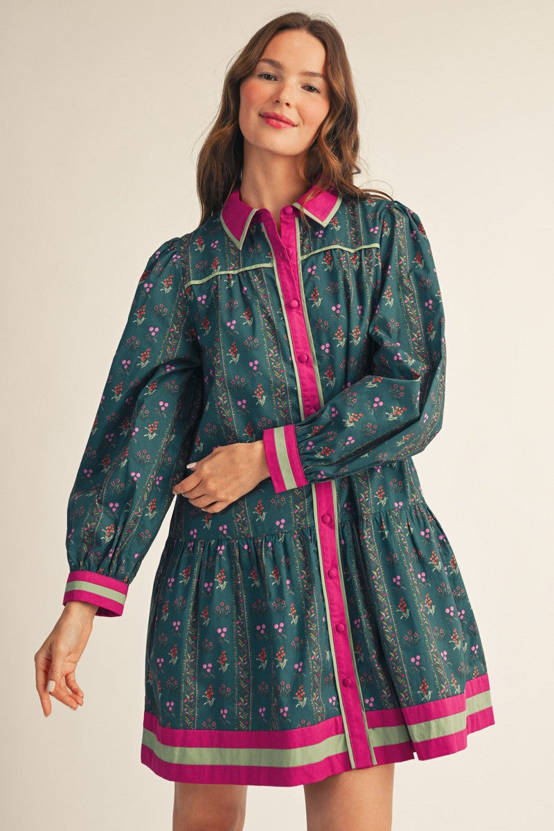 Contrast Trim Floral Mini Dress