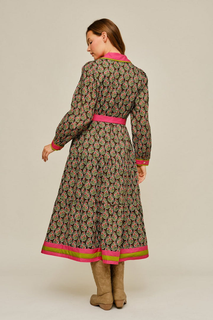 Contrast Trim Floral Tie Waist Maxi Dress