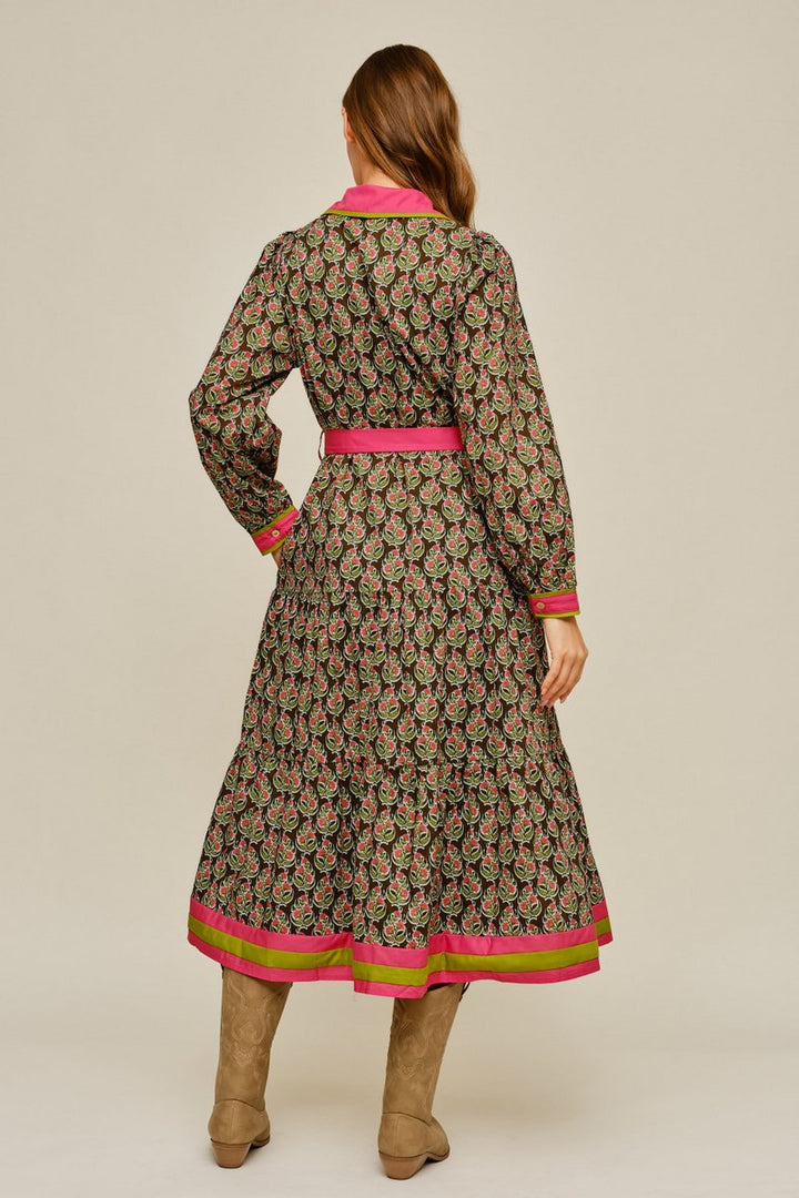 Contrast Trim Floral Tie Waist Maxi Dress