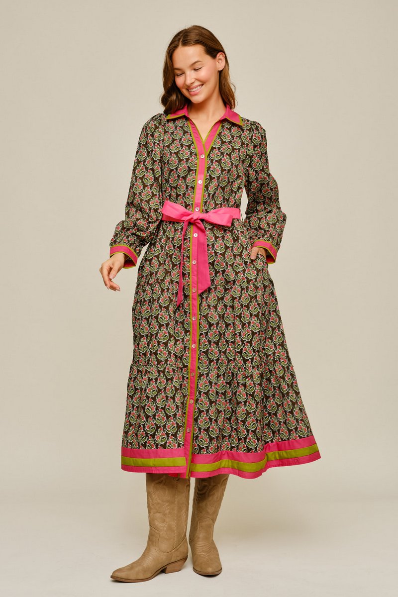 Contrast Trim Floral Tie Waist Maxi Dress