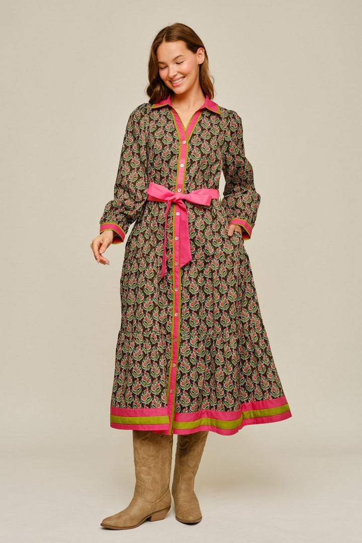 Contrast Trim Floral Tie Waist Maxi Dress