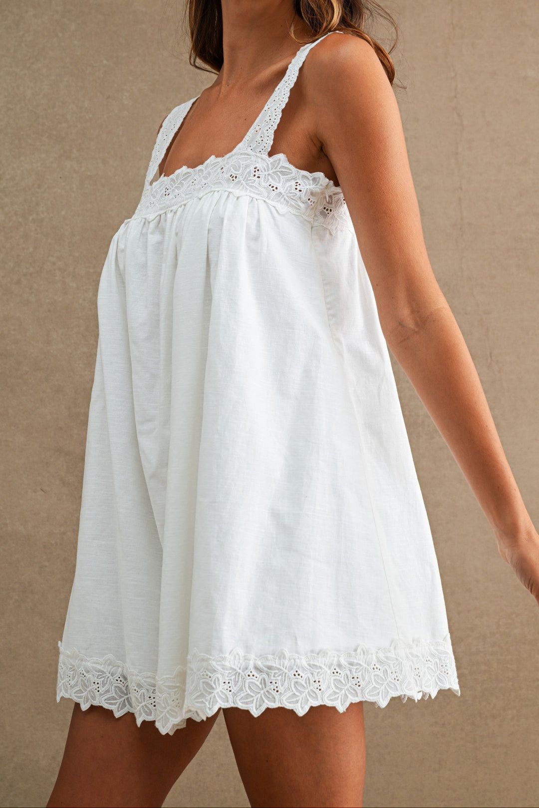 Linen Lace Trim Mini Dress