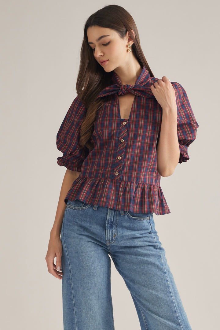 Plaid Bow Neck Peplum Top