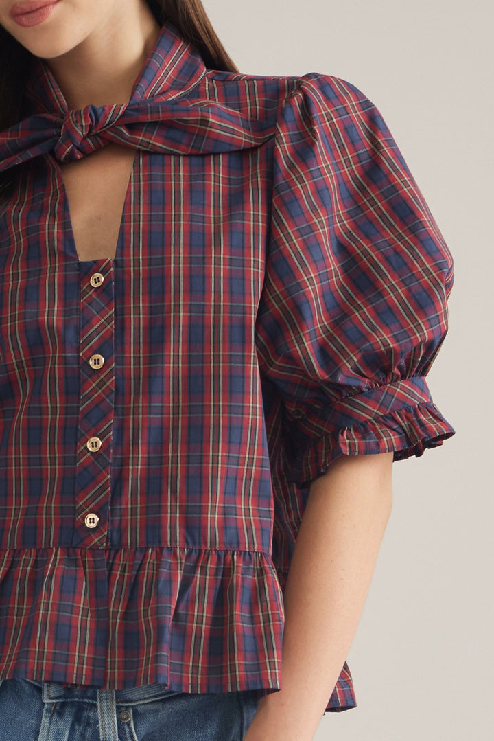 Plaid Bow Neck Peplum Top