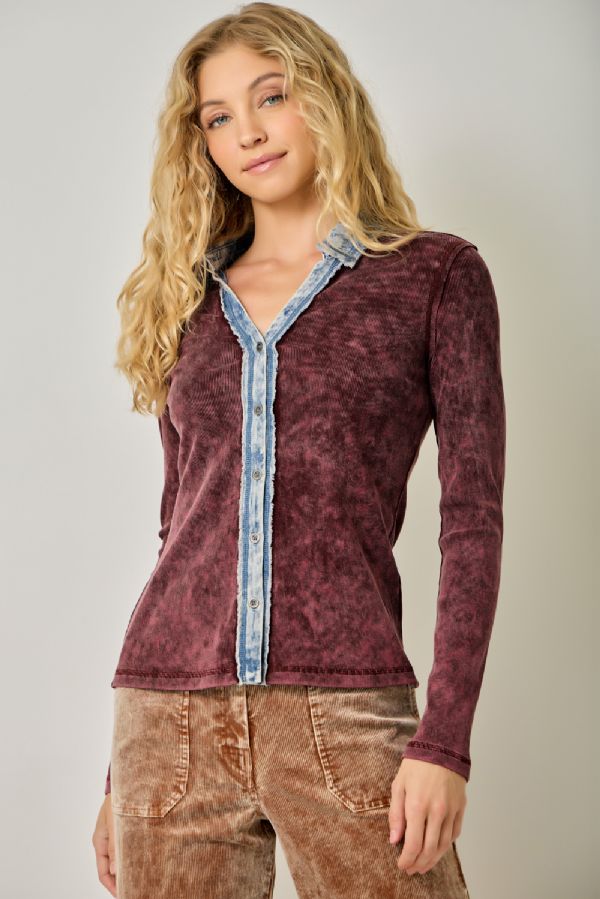 Washed Thermal Button Down Top