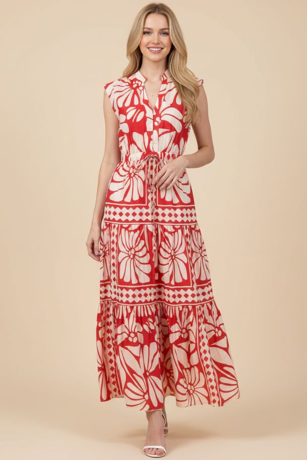 Floral & Geometric Print Tiered Maxi Dress