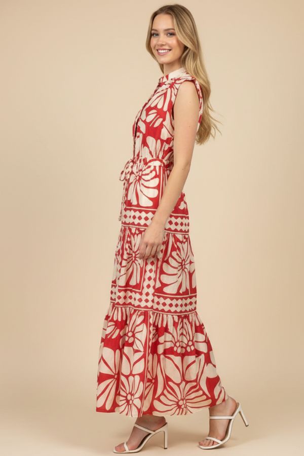 Floral & Geometric Print Tiered Maxi Dress