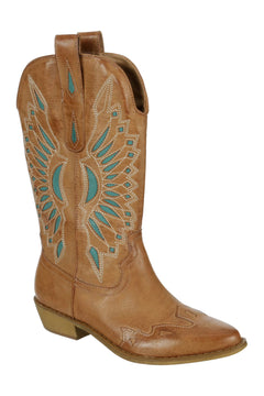 Brown cowboy boot with turquoise embroidery on a white background