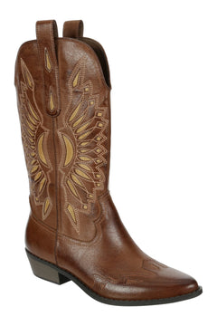 Brown cowboy boot with intricate leatherwork on a white background