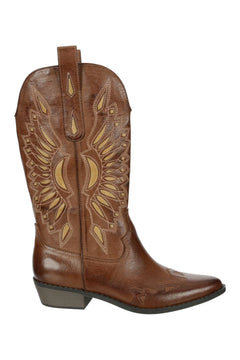Brown cowboy boot with intricate gold embroidery on a white background