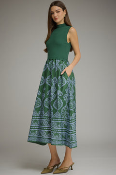 Printed Knit Bodice Midi Dress