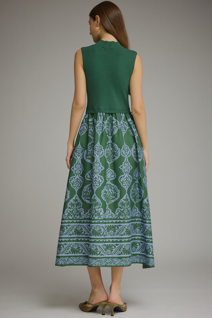 Printed Knit Bodice Midi Dress
