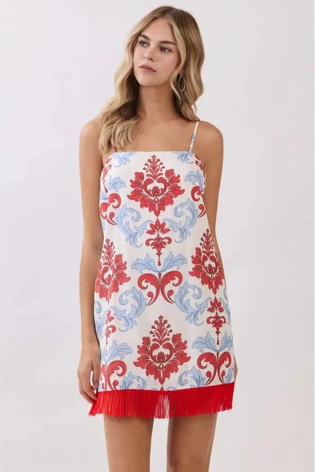 Damask Print Fringe Mini Dress
