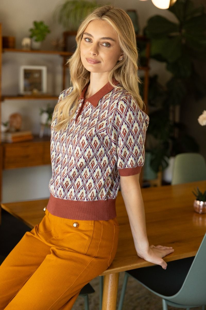 Abstract Collared Ribbed Knit Top - Lush Lemon - Women's Clothing - Voy - 84726021088029