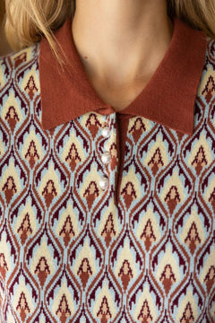 Abstract Collared Ribbed Knit Top - Lush Lemon - Women&