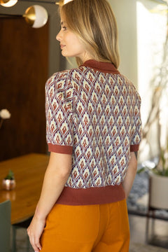 Abstract Collared Ribbed Knit Top - Lush Lemon - Women&