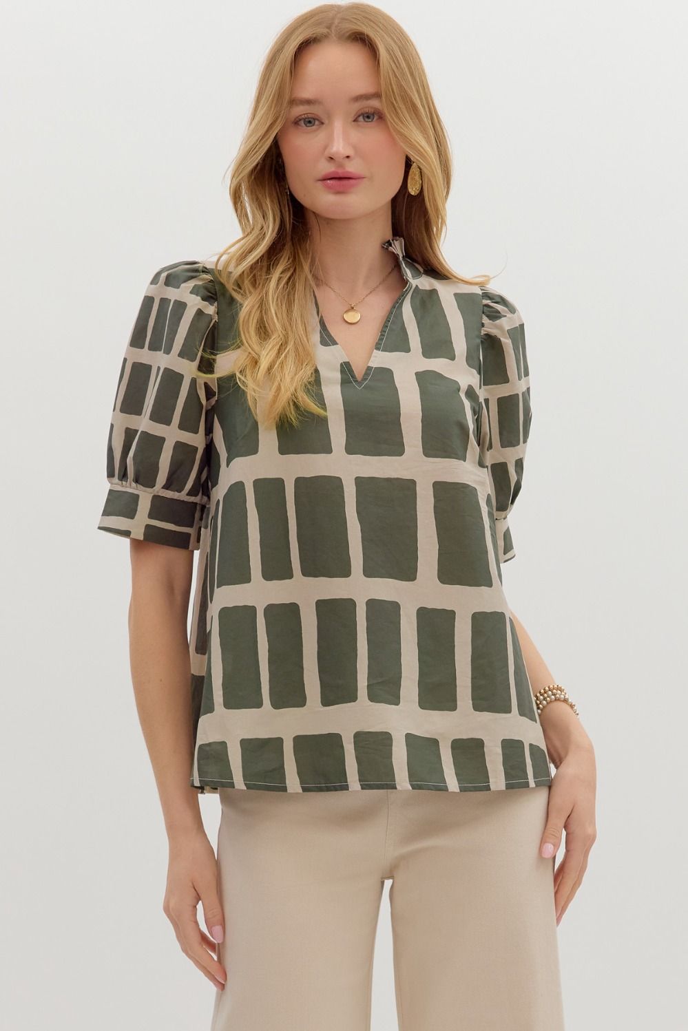 Abstract Ruffle V - Neck Top - Lush Lemon - Women's Clothing - Entro - 46559331060093