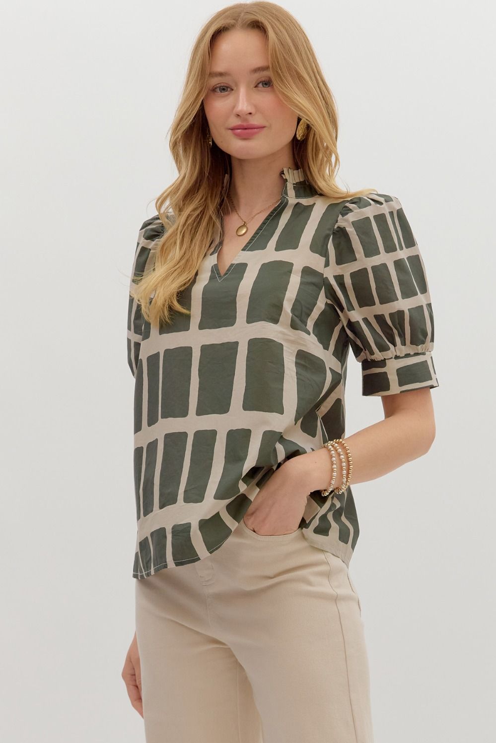 Abstract Ruffle V - Neck Top - Lush Lemon - Women's Clothing - Entro - 46559331060093