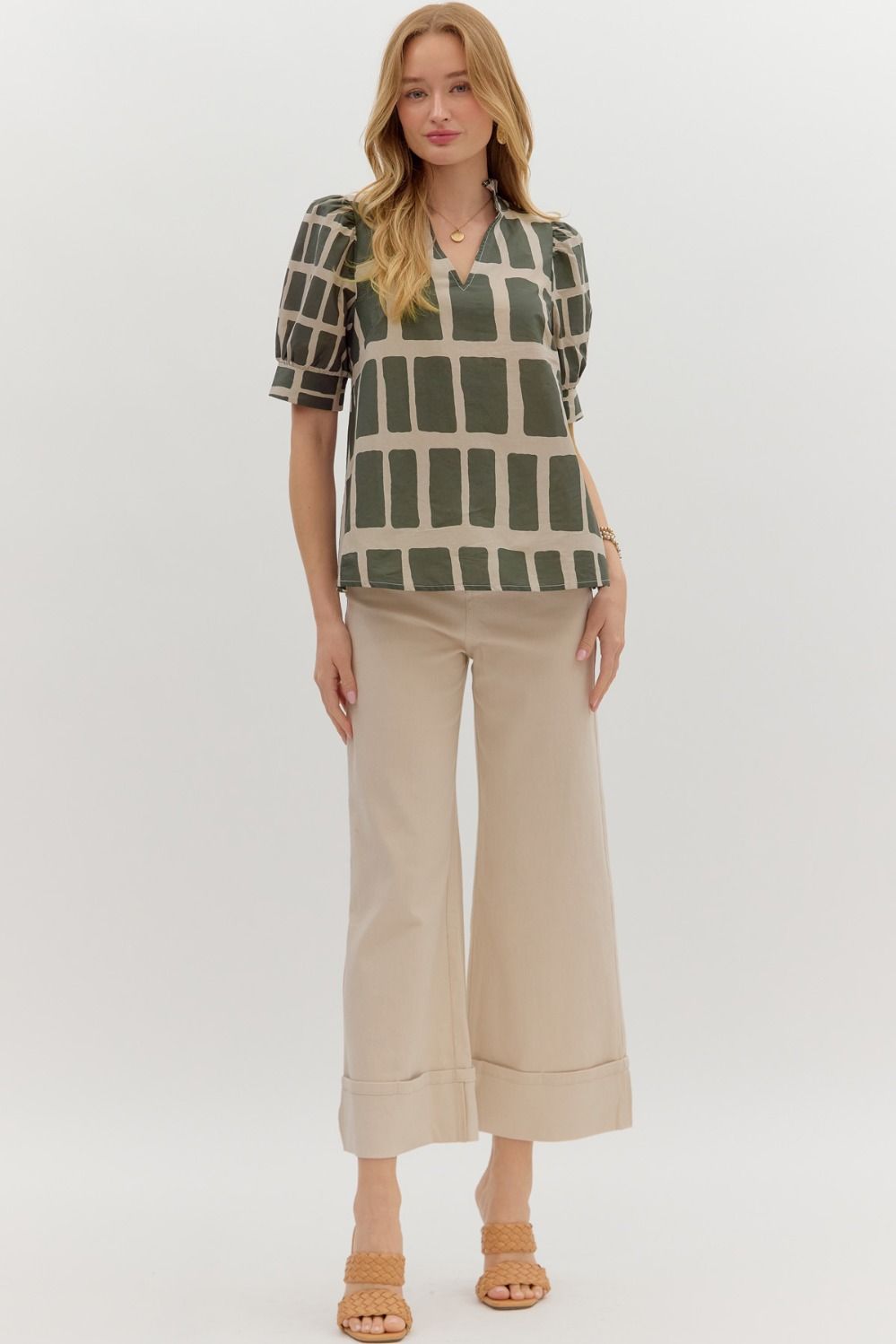 Abstract Ruffle V - Neck Top - Lush Lemon - Women's Clothing - Entro - 46559331060093