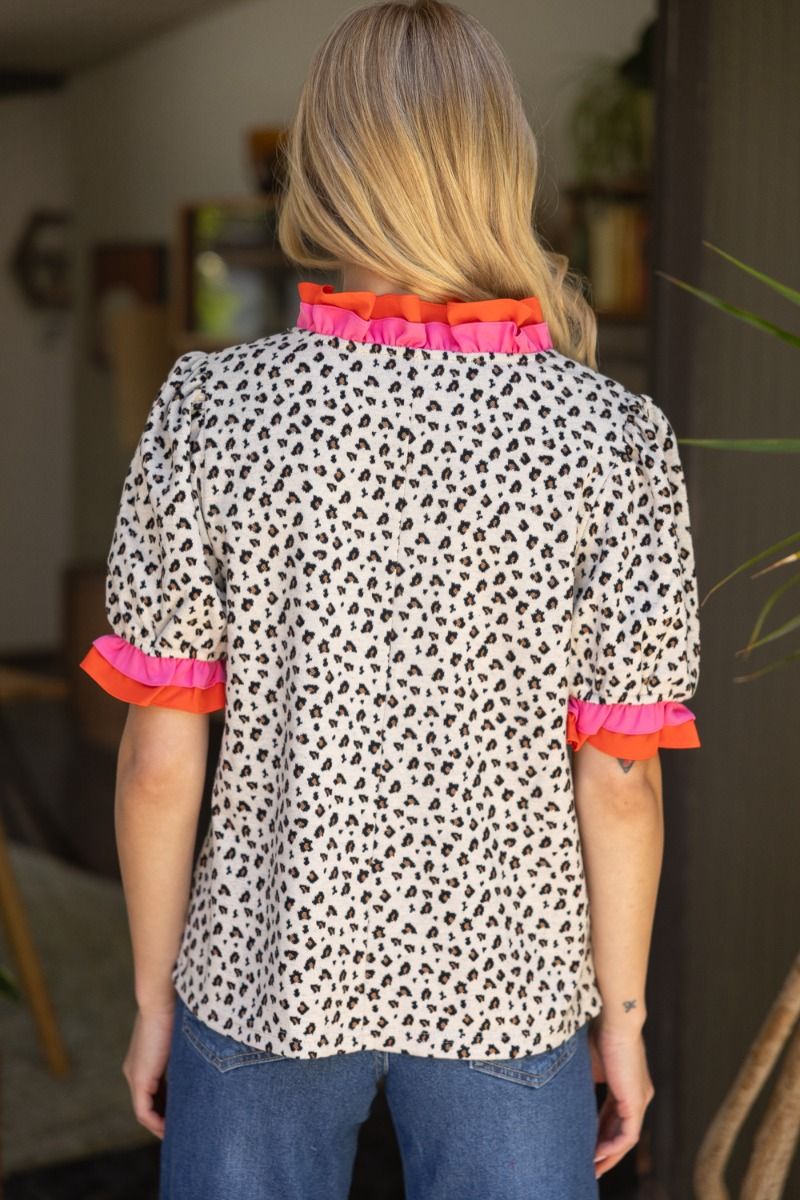 Animal Print Knit Top W/Double Contrast Ruffle - Lush Lemon - Women's Clothing - Voy - 91653661062013