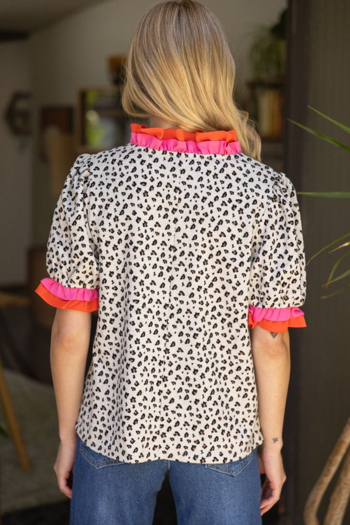 Animal Print Knit Top W/Double Contrast Ruffle - Lush Lemon - Women's Clothing - Voy - 91653661062013