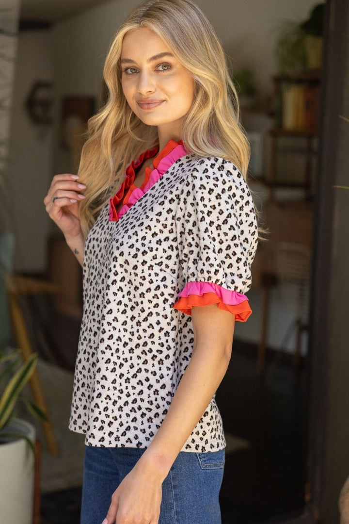 Animal Print Knit Top W/Double Contrast Ruffle - Lush Lemon - Women's Clothing - Voy - 91653661062013