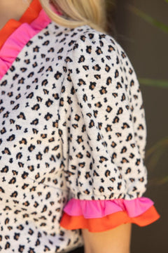 Animal Print Knit Top W/Double Contrast Ruffle - Lush Lemon - Women&