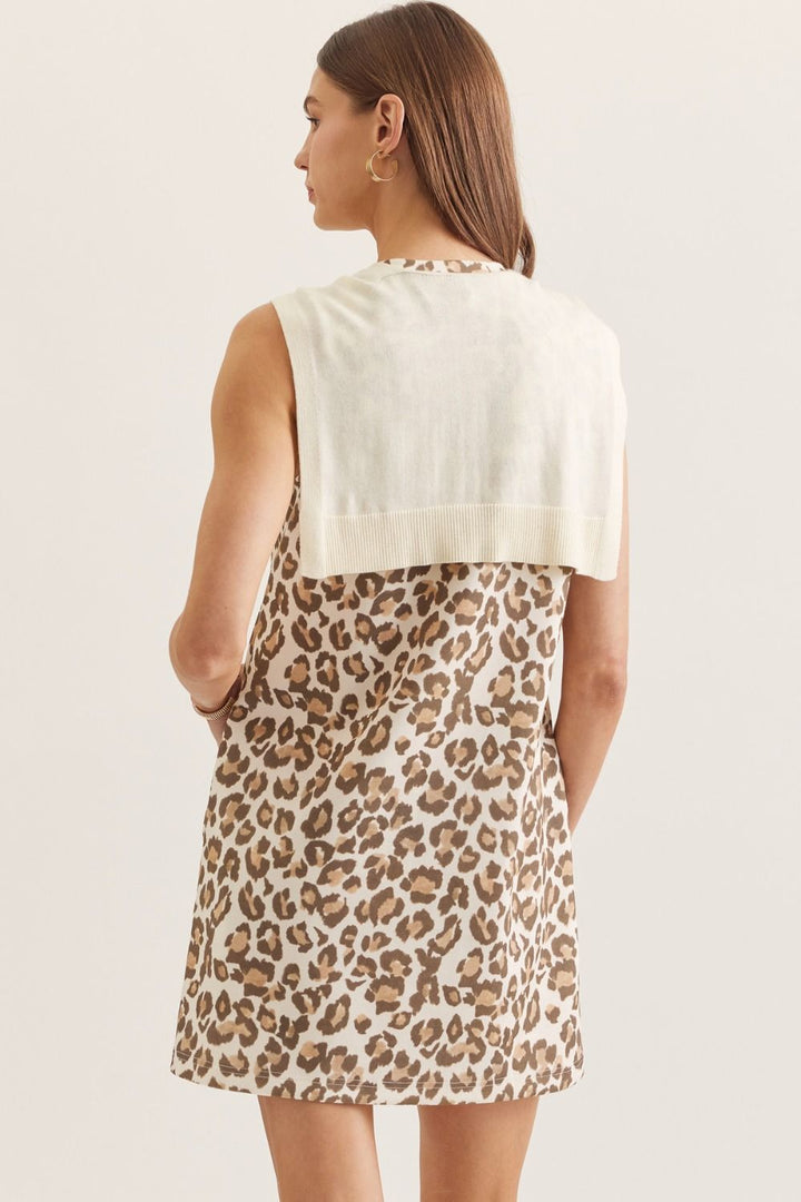 Animal Print Sleeveless Mini Dress W/ Knit Scarf Overlay - Lush Lemon - Women's Clothing - Entro - 43476611094525