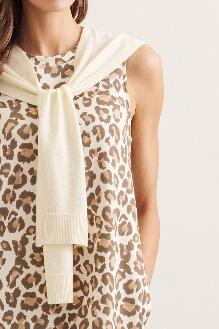 Animal Print Sleeveless Mini Dress W/ Knit Scarf Overlay - Lush Lemon - Women's Clothing - Entro - 43476611094525