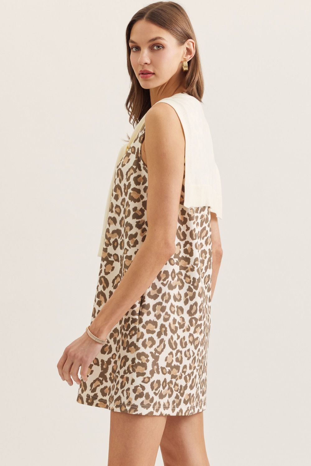 Animal Print Sleeveless Mini Dress W/ Knit Scarf Overlay - Lush Lemon - Women's Clothing - Entro - 43476611094525