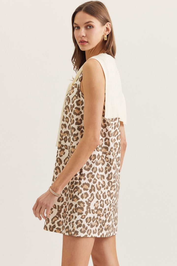 Animal Print Sleeveless Mini Dress W/ Knit Scarf Overlay - Lush Lemon - Women's Clothing - Entro - 43476611094525