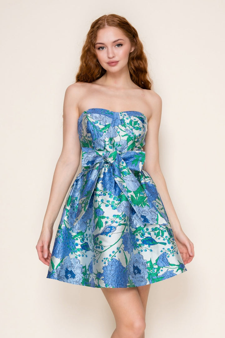 Spring Garden Tube Mini Dress W/ Waist Bow