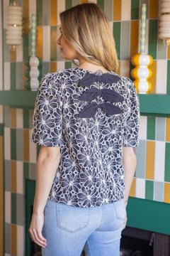 Back Bow Detailed Floral Embroidered Top - Lush Lemon - Women&
