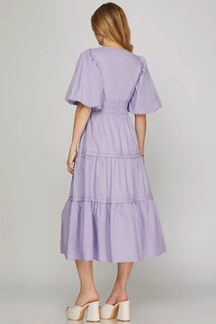 Balloon Half Sleeve Poplin Midi Dress W/Pockets - Lush Lemon - Women&