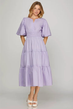 Balloon Half Sleeve Poplin Midi Dress W/Pockets - Lush Lemon - Women&