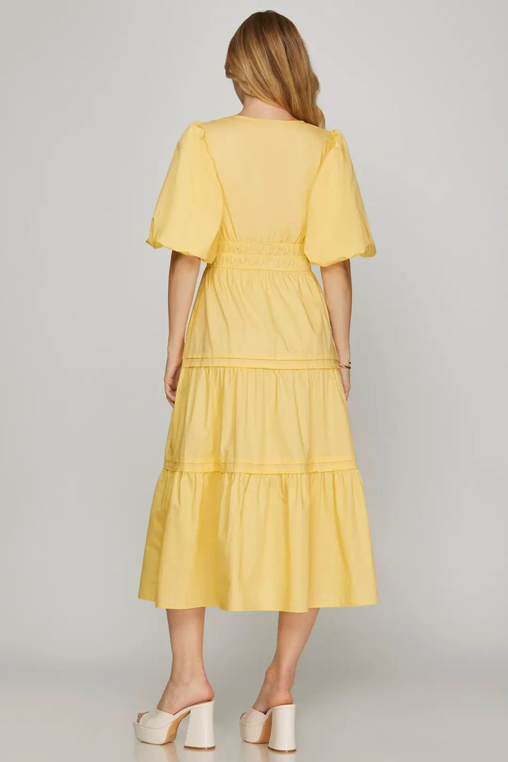 Balloon Half Sleeve Poplin Midi Dress W/Pockets - Lush Lemon - Women's Clothing - She + Sky - 27607141963037