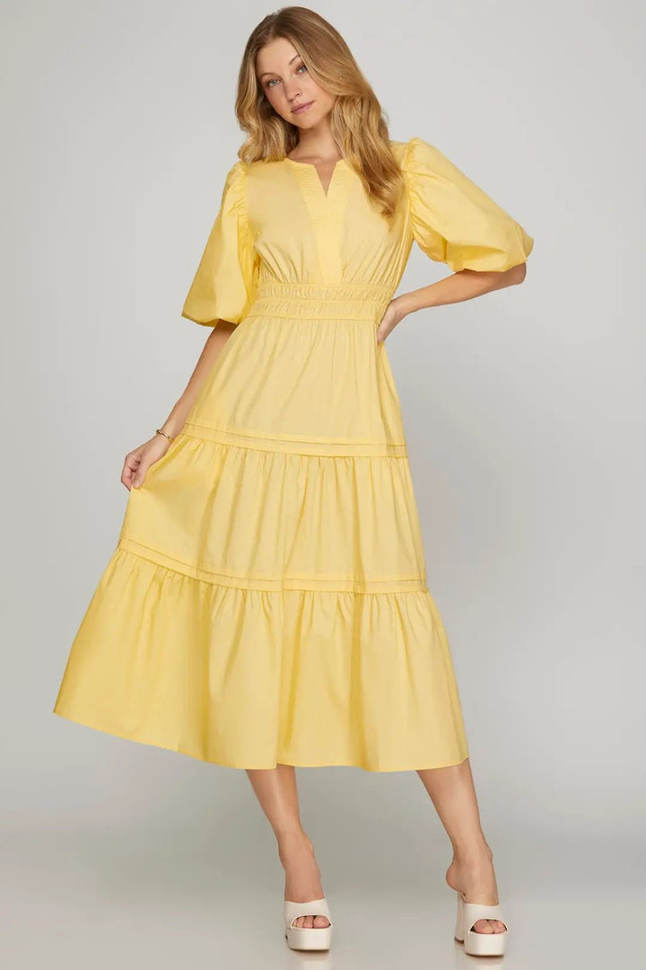 Balloon Half Sleeve Poplin Midi Dress W/Pockets - Lush Lemon - Women's Clothing - She + Sky - 27607141963037