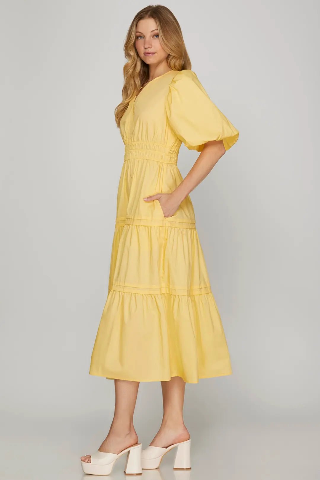 Balloon Half Sleeve Poplin Midi Dress W/Pockets - Lush Lemon - Women's Clothing - She + Sky - 27607141963037