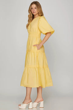 Balloon Half Sleeve Poplin Midi Dress W/Pockets - Lush Lemon - Women&