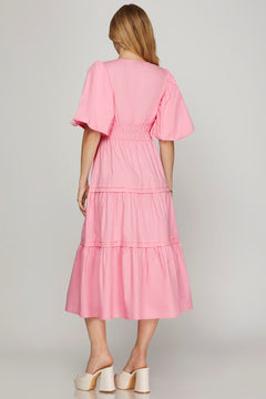 Balloon Half Sleeve Poplin Midi Dress W/Pockets - Lush Lemon - Women&