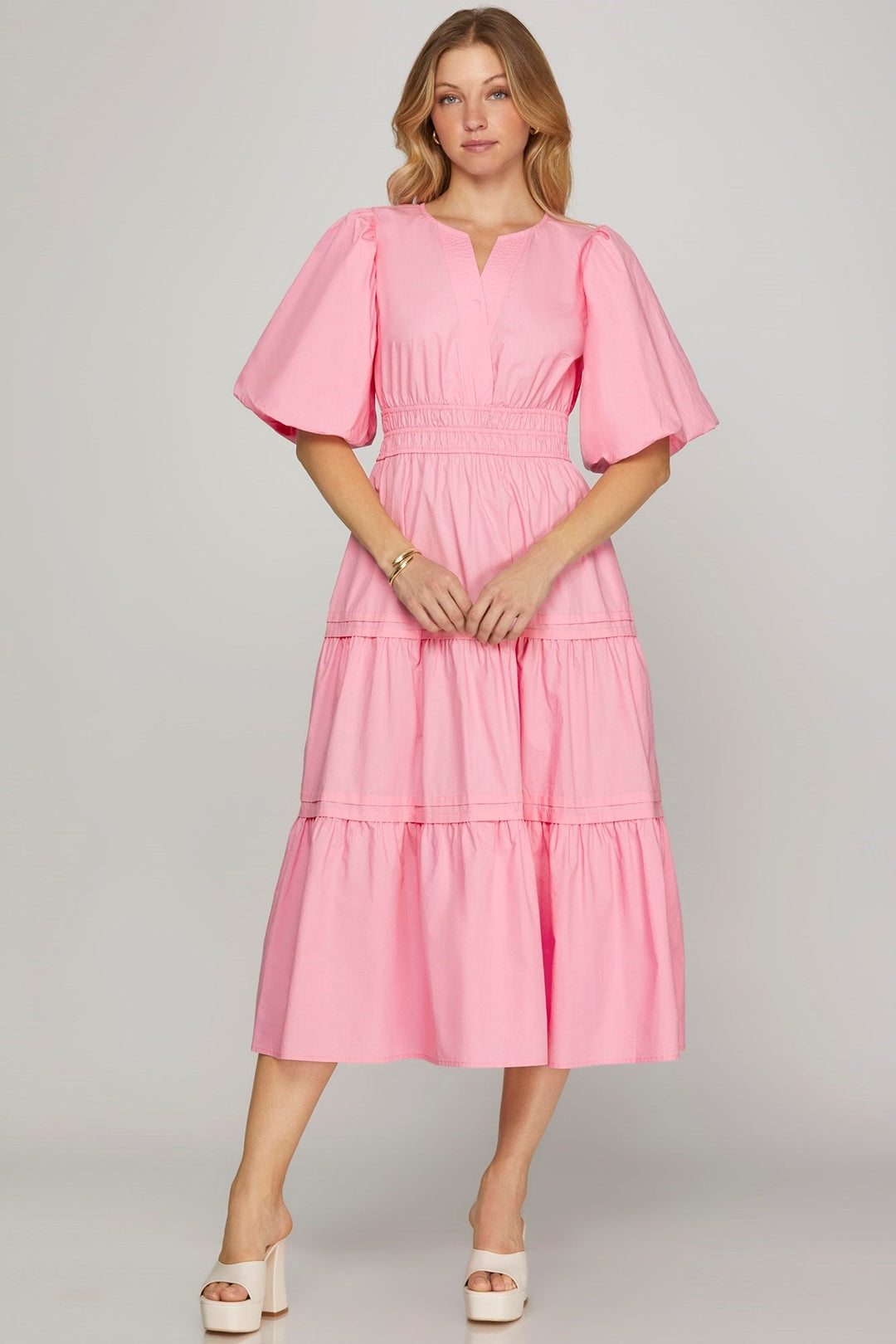 half sleeve midi dress Balloon Half Sleeve Poplin Midi Dress W/Pockets - She + Sky
