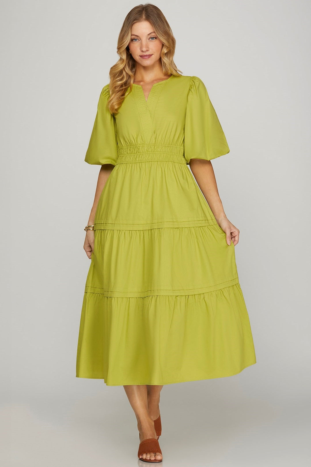 Balloon Sleeve Poplin Tiered Midi Dress W/Pockets - Lush Lemon - Women's Clothing - She + Sky - 50767631039133