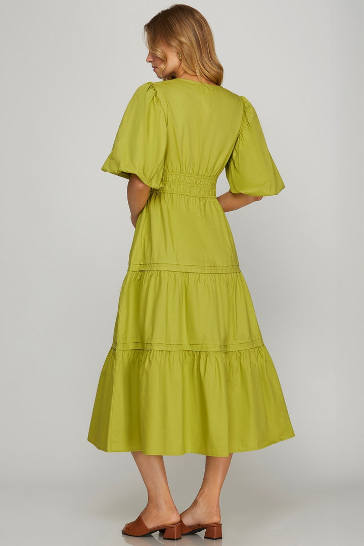 Balloon Sleeve Poplin Tiered Midi Dress W/Pockets - Lush Lemon - Women's Clothing - She + Sky - 50767631039133