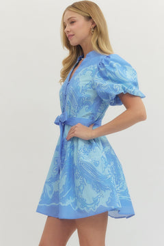 Baroque Print Puff Sleeve Mini Dress - Lush Lemon - Women&